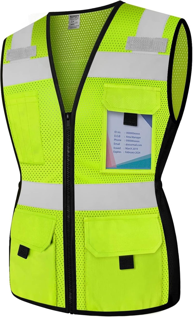 TCCFCCT Women Construction Work Vest 11 Pockets Snug-Fit High Visibility Reflective Vest with Zipper, Neon Safety Vest for Lady Contractors/Workers, Durable and Fashion, Meets ANSI, Yellow XL - Image 1